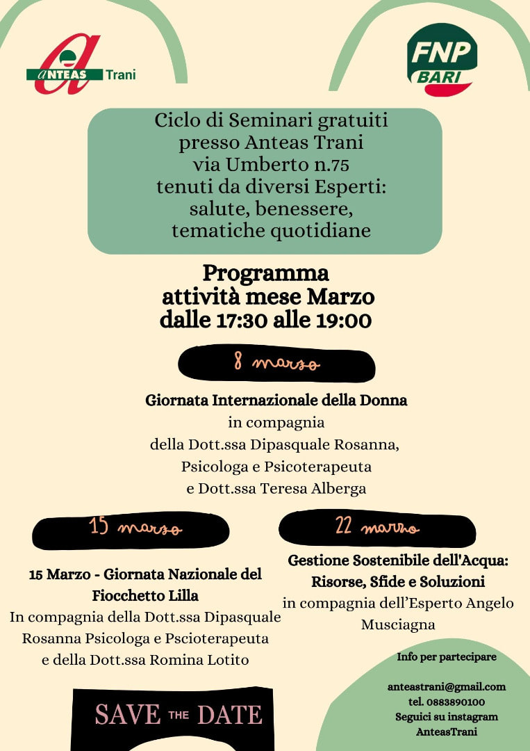 Anteas Trani seminari gratuiti benessere Marzo 2024