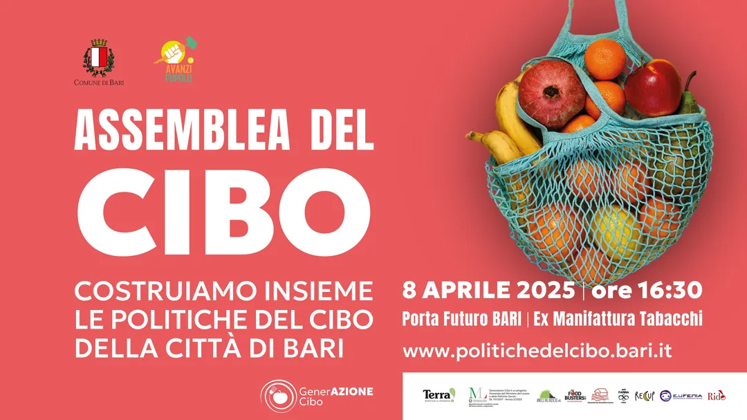 Martedì 8 Aprile 2025 alle 16:30, il Comune di Bari e l'Associazione di Promozione Sociale Farina 080 – ETS avviano un processo partecipativo per redigere un programma locale sulle politiche del cibo con la prima Assemblea pubblica della comunità del cibo di Bari, presso Porta Futuro (Ex Manifattura Tabacchi) in via Ravanas 233.