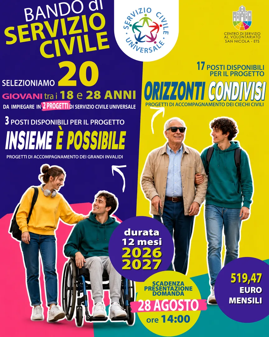 Selezioniamo 20 giovani tra 18 e 28 anni per i nostri progetti di Servizio Civile Universale 2026 per l’accompagnamento dei grandi invalidi e dei ciechi civili