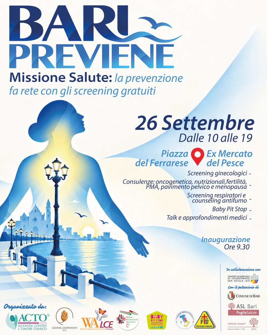 Sabato 26 Settembre 2026 dalle 10:00 alle 19:00, si tiene “Bari Previene - Missione salute: la prevenzione fa rete con gli screening gratuiti”, un Villaggio della Salute in Piazza del Ferrarese e nell'Ex Mercato del Pesce a Bari. La giornata promuove l'importanza della prevenzione e della diagnosi precoce offrendo l'accesso gratuito a screening sanitari, consulenze specialistiche, percorsi educativi e informativi riguardanti la salute femminile, la salute respiratoria, gli stili di vita e il benessere psico-fisico.