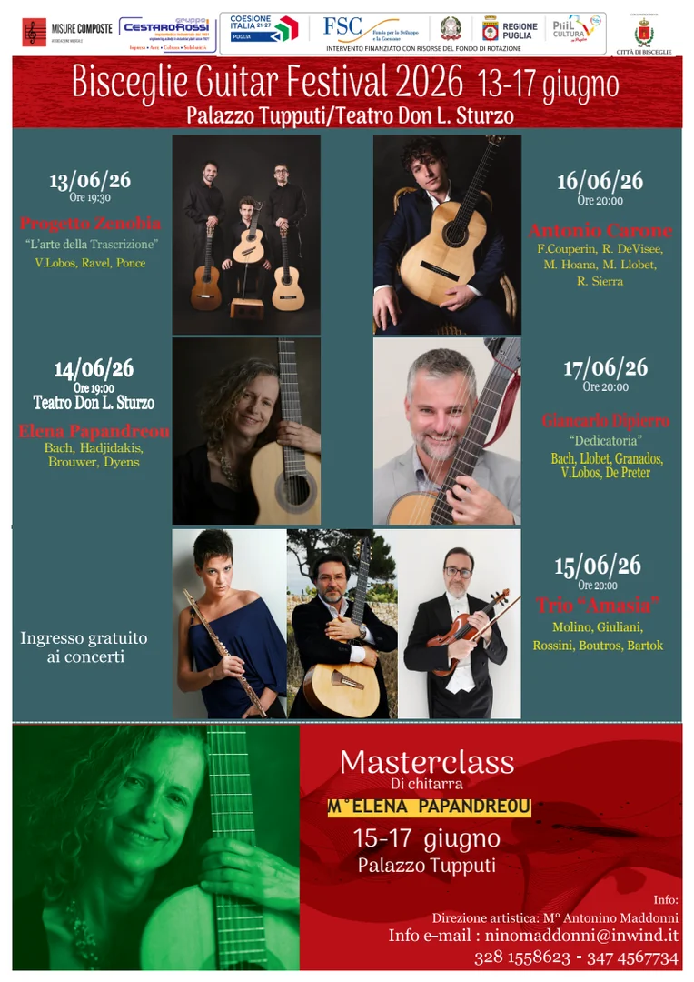 Dal 13 al 17 Giugno 2026, l'Associazione Misure Composte organizza la prima edizione del Bisceglie Guitar Festival, festival internazionale di chitarra nella città che ha dato i natali a Mauro Giuliani, uno dei virtuosi più importanti della Storia della Musica. La direzione artistica è di Antonino Maddonni. Sostenuto dal Comune di Bisceglie e dalla Regione Puglia. Ingresso libero.