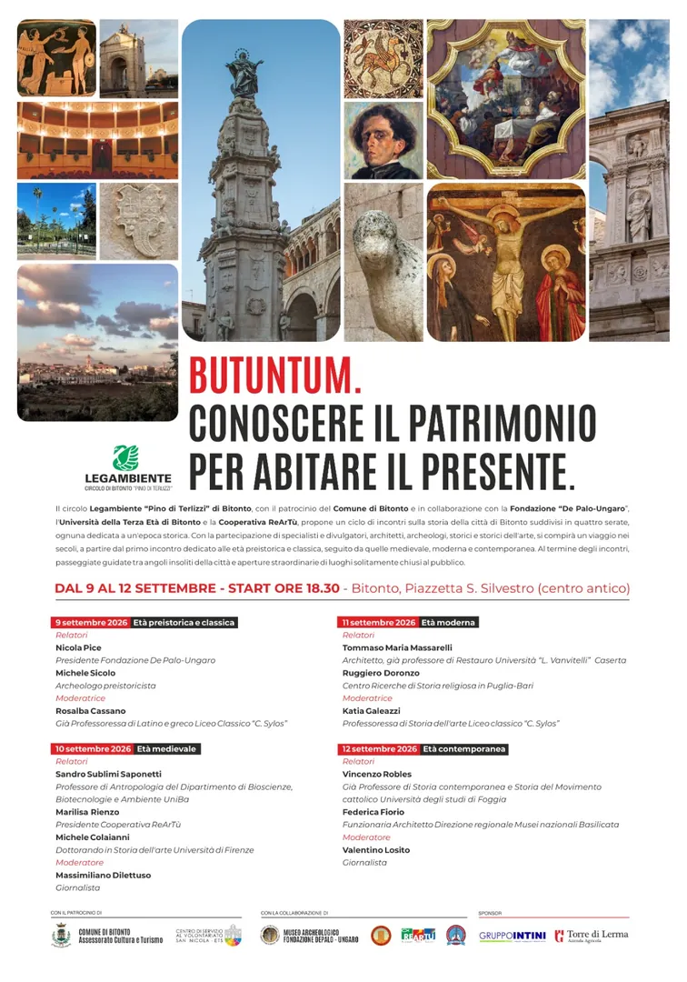 Dal 9 al 12 Settembre 2026 alle 18:30, il Circolo Legambiente Pino di Terlizzi Bitonto propone “Butuntum” in piazzetta San Silvestro a Bitonto