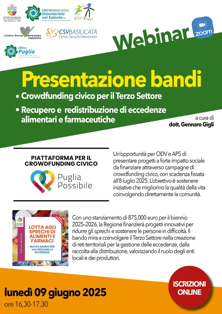 Lunedì 9 Giugno 2025 dalle 16:30 alle 17:30, i Centri di servizio al volontariato di Puglia e Basilicata organizzano il Webinar di presentazione dei bandi “Crowdfunding civico per il Terzo Settore” e “Recupero e redistribuzione di eccedenze alimentari e farmaceutiche” su piattaforma ZOOM, con Gennaro Gigli.