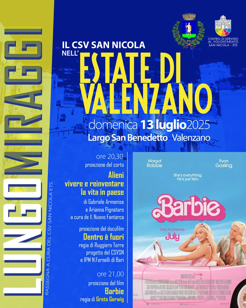 Il Centro di Servizio al Volontariato San Nicola ETS partecipa al cartellone estivo promosso dal Comune di Valenzano con un ciclo di appuntamenti gratuiti dedicati alla cittadinanza. Una rassegna che nasce con l’intento di creare occasioni di incontro, riflessione e divertimento attraverso linguaggi diversi: cinema, illustrazione, teatro e musica si intrecciano in serate e pomeriggi aperti a tutte e tutti.