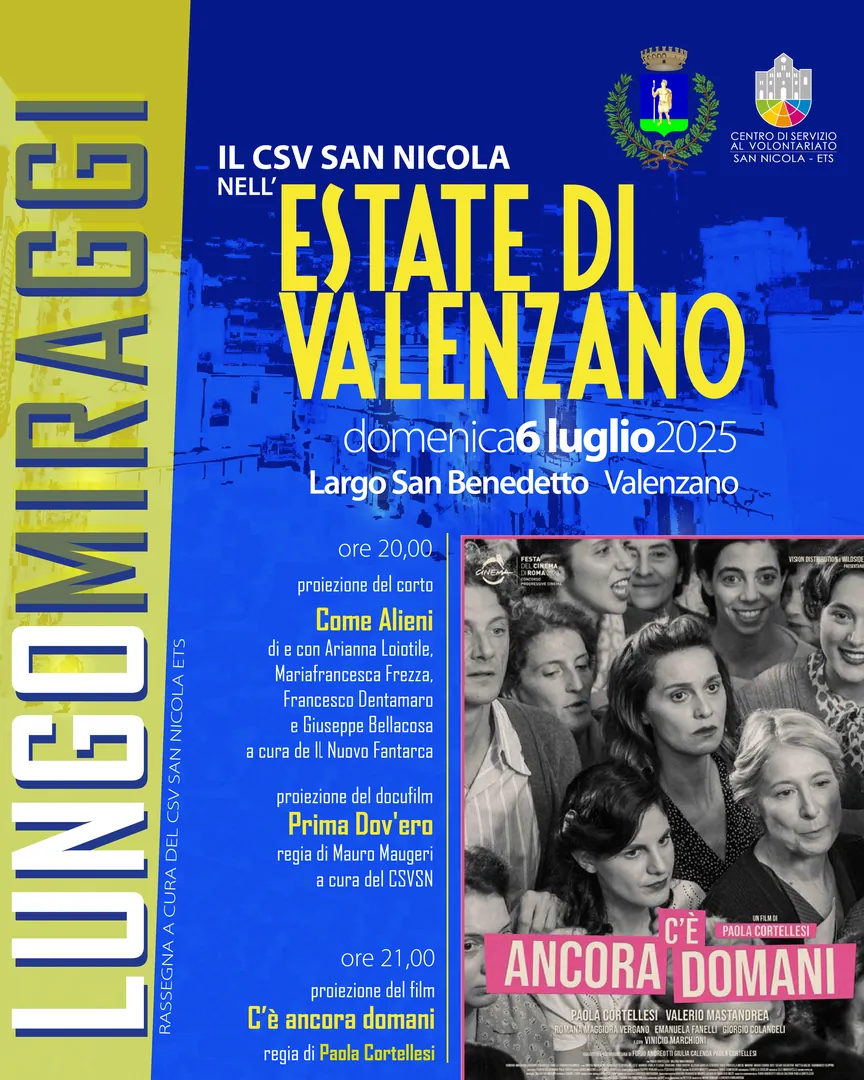 Il Centro di Servizio al Volontariato San Nicola ETS partecipa al cartellone estivo promosso dal Comune di Valenzano con un ciclo di appuntamenti gratuiti dedicati alla cittadinanza. Una rassegna che nasce con l’intento di creare occasioni di incontro, riflessione e divertimento attraverso linguaggi diversi: cinema, illustrazione, teatro e musica si intrecciano in serate e pomeriggi aperti a tutte e tutti.