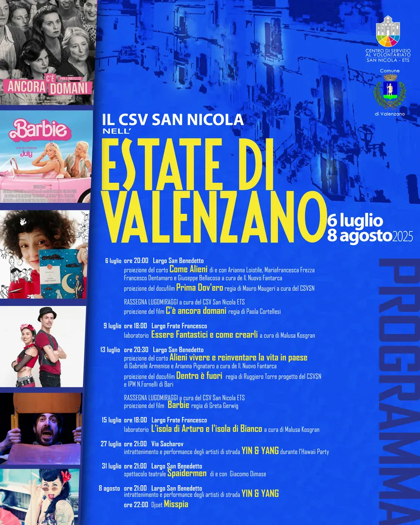 Il Centro di Servizio al Volontariato San Nicola ETS partecipa al cartellone estivo promosso dal Comune di Valenzano con un ciclo di appuntamenti gratuiti dedicati alla cittadinanza. Una rassegna che nasce con l’intento di creare occasioni di incontro, riflessione e divertimento attraverso linguaggi diversi: cinema, illustrazione, teatro e musica si intrecciano in serate e pomeriggi aperti a tutte e tutti.