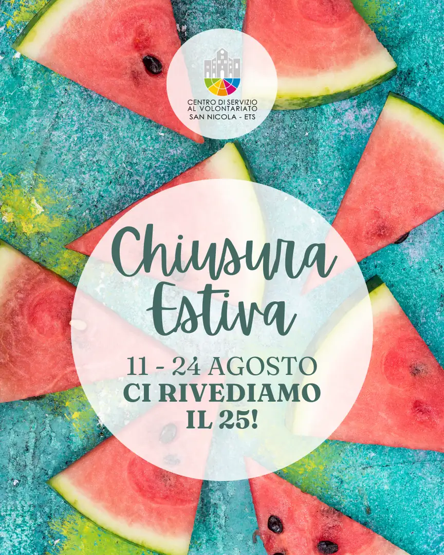 Gli uffici di Andria e Bari chiudono dall'11 al 24 Agosto per la pausa estiva e riaprono lunedì 25 Agosto