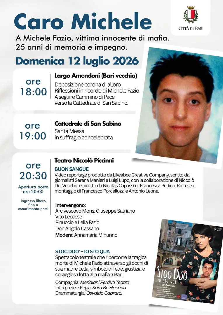 Domenica 12 Luglio 2026 a partire dalle 18:00, la città di Bari commemora Michele Fazio, vittima innocente di mafia.