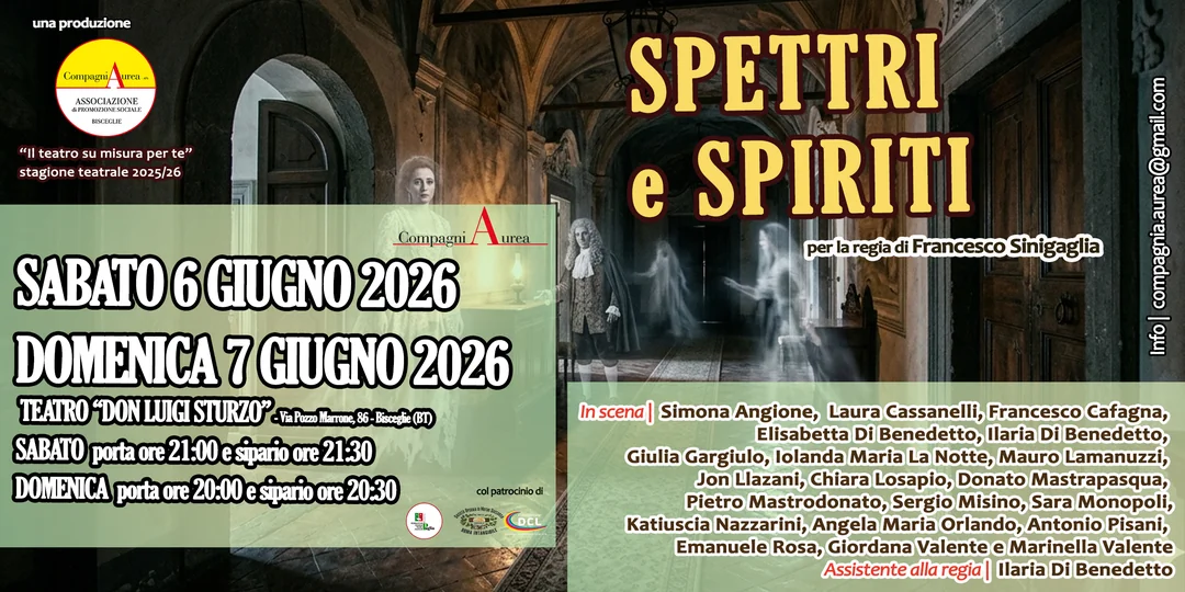 Dal 6 al 13 Giugno 2026, la Compagniaurea di Francesco Sinigaglia – APS propone gli ultimi due spettacoli della stagione teatrale 2025/2026 “Il teatro su misura per te” con protagonisti due diversi gruppi di attori e attrici, dai 6 ai 12 anni e dai 17 ai 99 anni, in scena presso il teatro “Don Luigi Sturzo”, in via Pozzo Marrone 86 a Bisceglie.