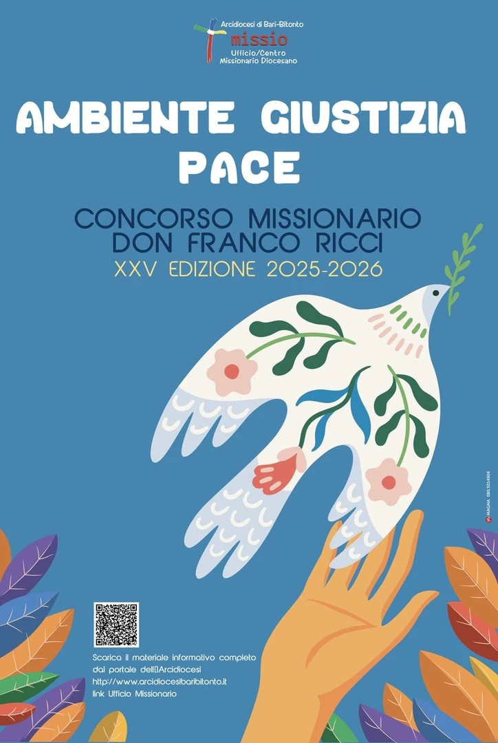 L'Arcidiocesi di Bari-Bitonto promuove la 25ª edizione del Concorso Artistico e Letterario intitolato a “Don Franco Ricci”, sacerdote barese, missionario martire, che donò la sua vita per l’annuncio del Vangelo in Etiopia nel giugno 1992. I tre temi proposti coprono argomenti di grande attualità, nel periodo storico che stiamo vivendo globalmente: la pace, la cura dell’ambiente, e la giustizia.