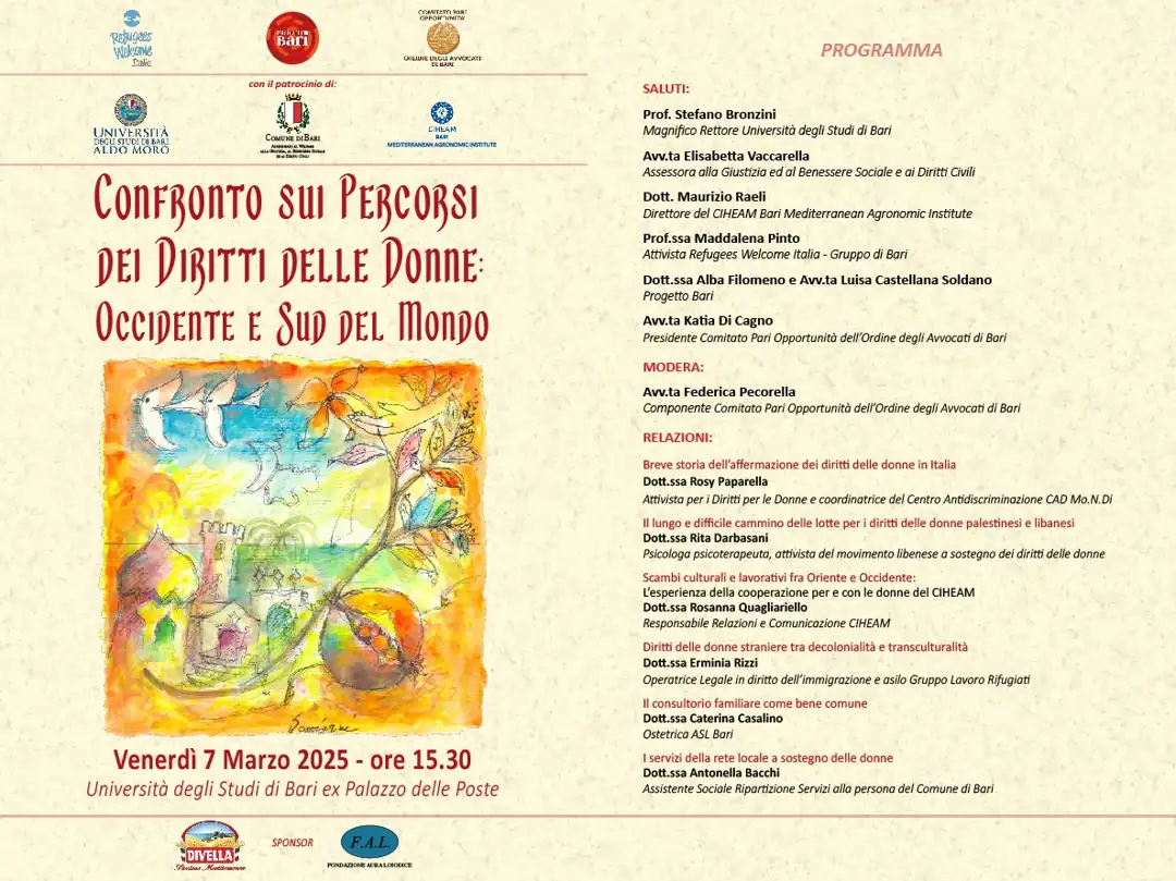 Venerdì 7 Marzo 2025 alle 15:30, in occasione della Giornata internazionale della donna, Refugees Welcome Italia ETS (Gruppo Bari), Progetto Bari e Comitato Pari Opportunità Ordine degli Avvocati di Bari organizzano l'evento “Confronto sui percorsi dei diritti delle donne: occidente e sud del mondo” nell'ex Palazzo delle Poste dell'Università degli Studi di Bari.