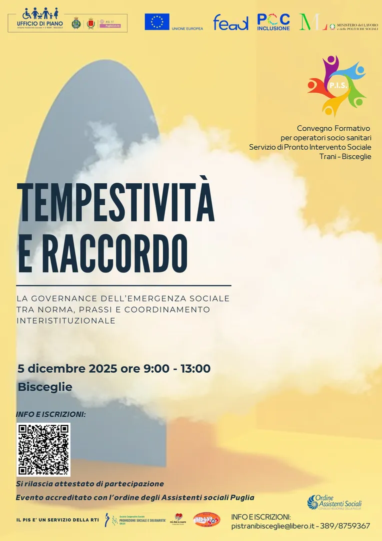 Venerdì 5 Dicembre 2025 dalle 9:00 alle 13:00, l’Ambito Territoriale di Trani – Bisceglie organizza il convegno “Tempestività e raccordo: la governance dell’emergenza sociale tra norma, prassi e coordinamento istituzionale”, nella Sala degli Specchi del Palazzo Tupputi, in via cardinale dell’Olio 30 a Bisceglie.