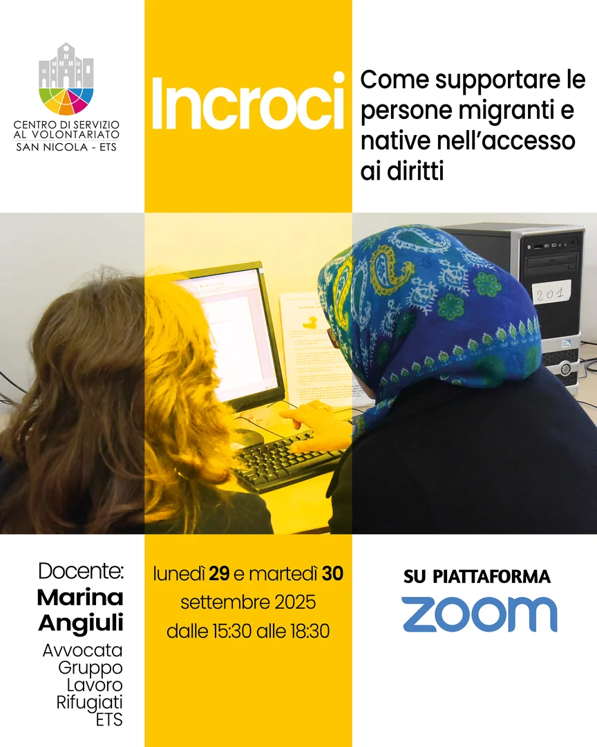 Lunedì 29 Settembre e martedì 30 Settembre 2025 dalle 15:30 alle 18:30, teniamo il webinar «Incroci - Come supportare persone migranti e native nell’accesso ai diritti» con Marina Angiuli, avvocata Gruppo Lavoro Rifugiati ETS, on line su piattaforma Zoom.