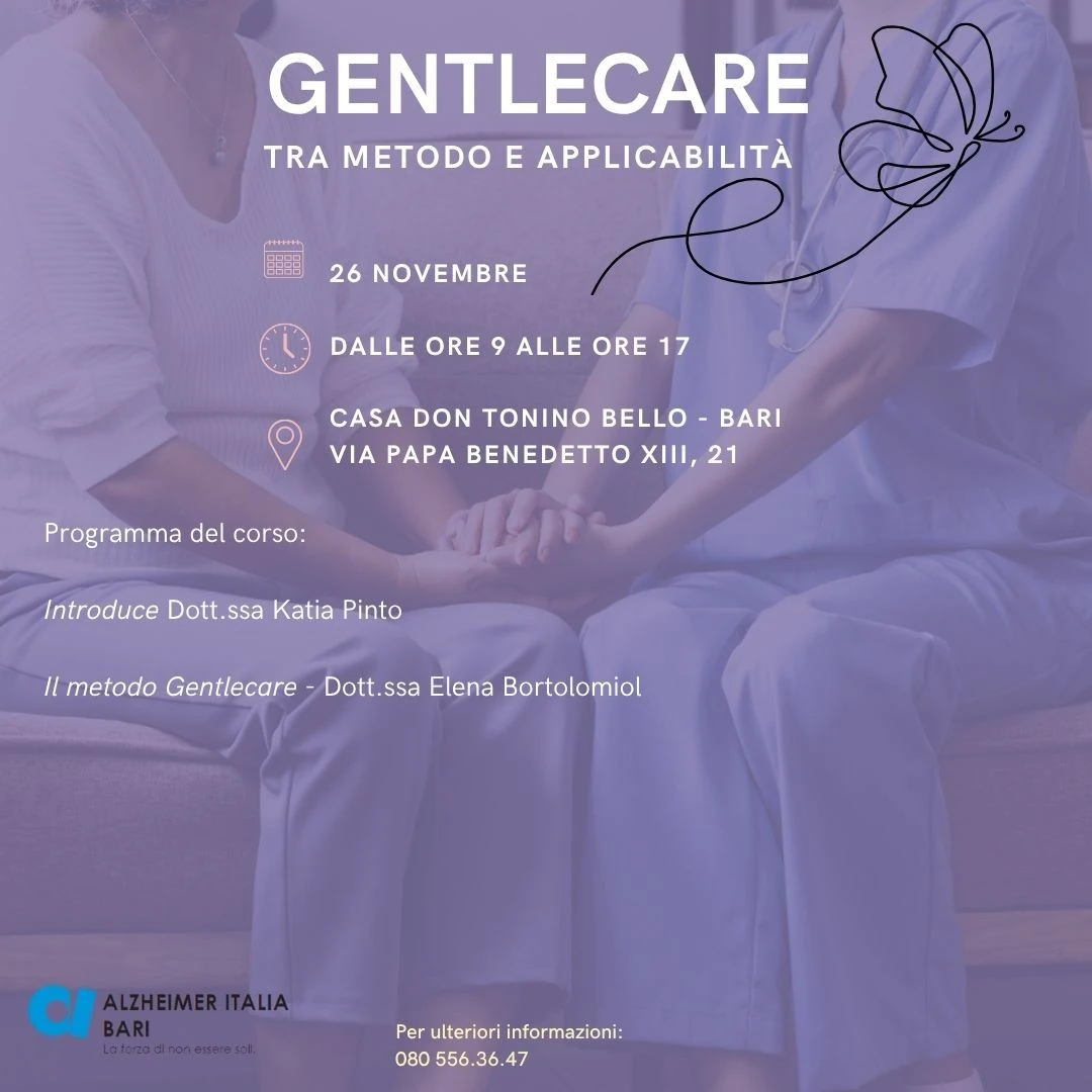 Mercoledì 26 Novembre 2025 dalle 9:00 alle 17:00, Alzheimer Bari OdV organizza il corso “Gentlecare tra metodo e applicabilità”, presso Casa Don Tonino Bello , in via Papa Benedetto XIII 21 a Bari.