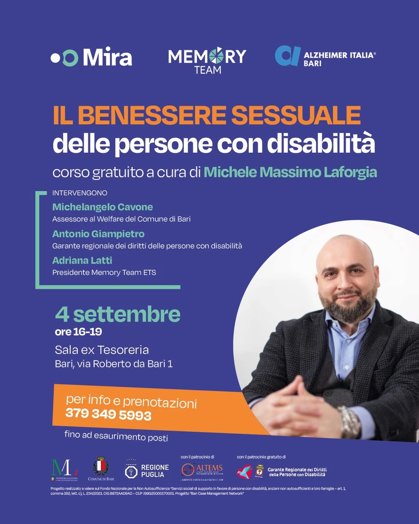 Il 4 Settembre 2026, dalle 16:00 alle 19:00, Memory Team ETS promuove a Bari il corso gratuito “Il benessere sessuale delle persone con disabilità”.