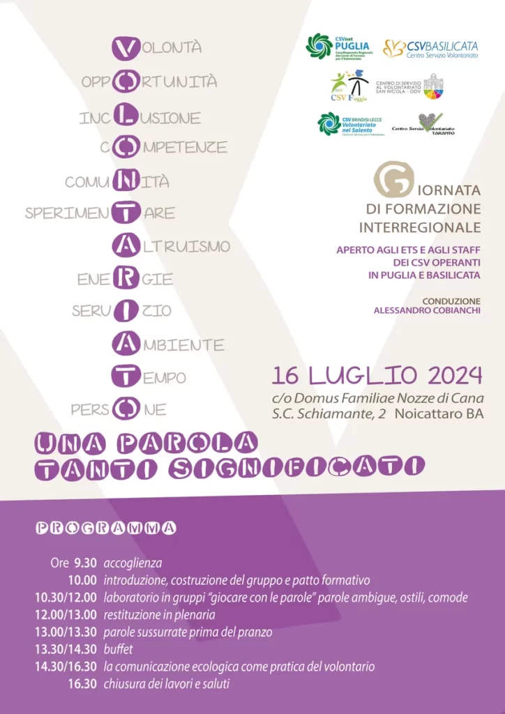 Corso «Volontariato: una parola, tanti significati» Giornata di formazione interregionale Puglia e Basilicata