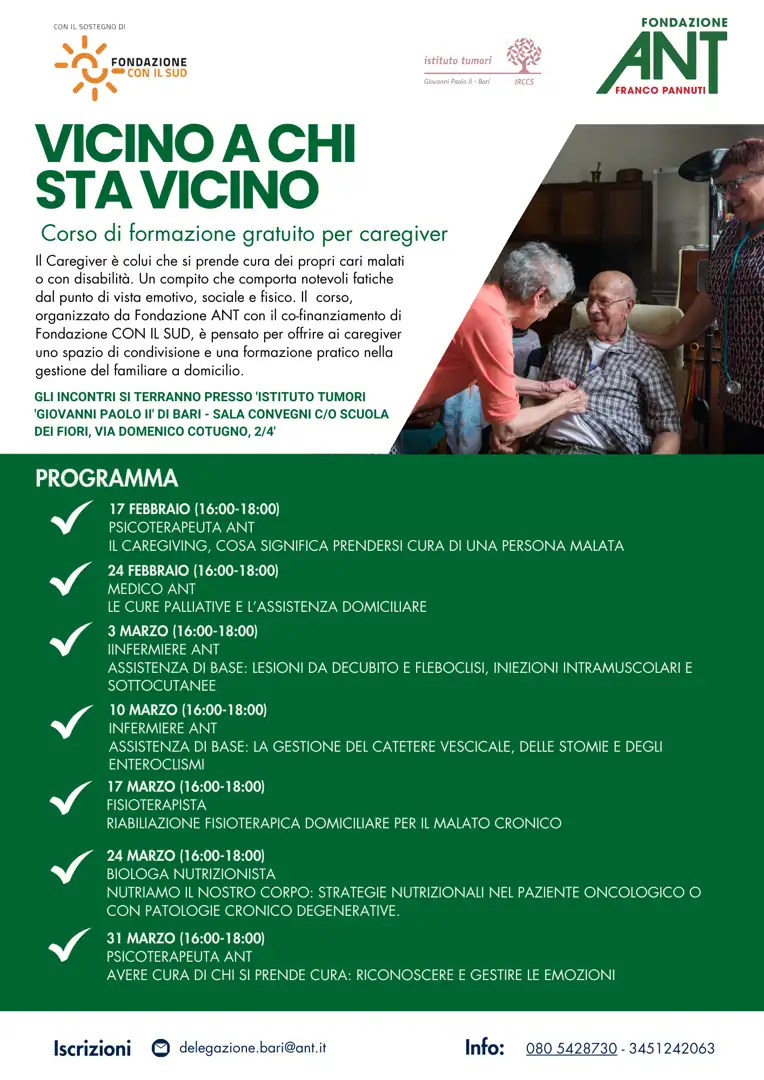 Lunedì 17 Febbraio 2025, Fondazione ANT avvia “Vicino a chi sta vicino”, corso di formazione per caregiver, nella Sala convegni della Scuola dei Fiori, presso l'Istituto Tumori Giovanni Paolo II, in via Domenico Cotugno 2/4 a Bari.
