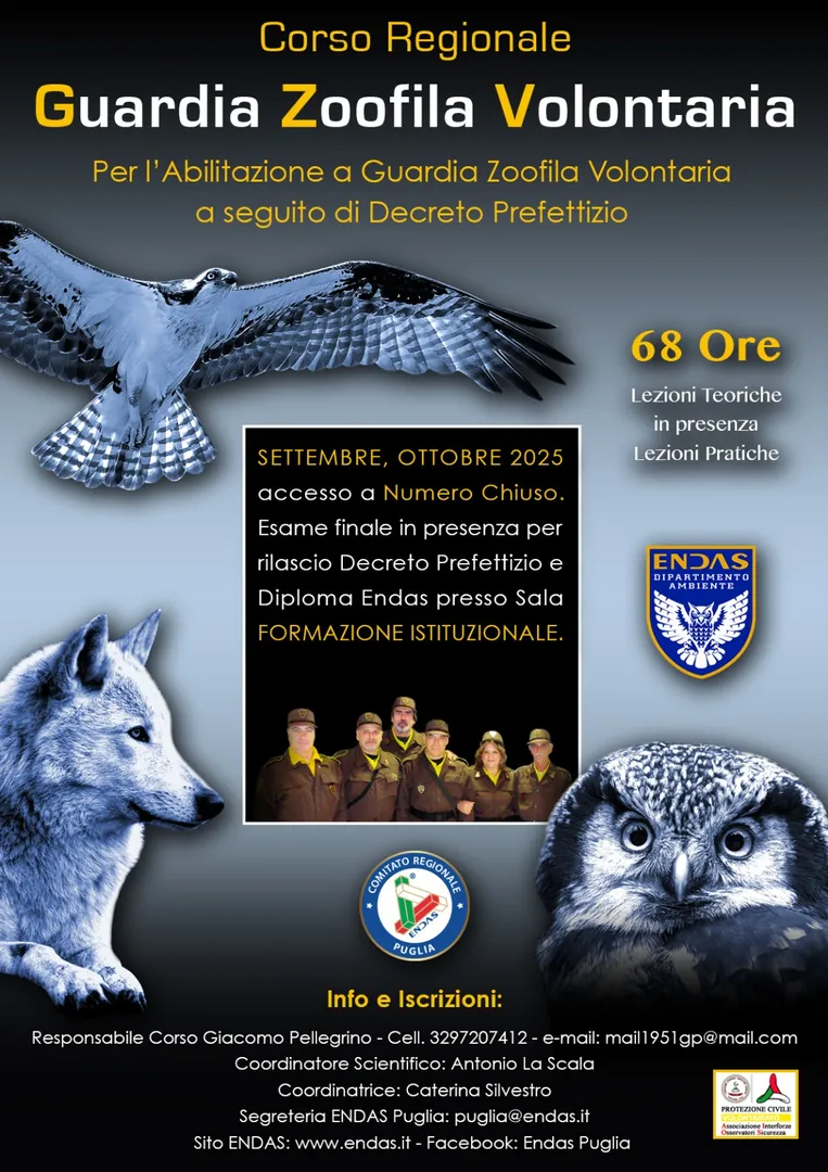 E.N.D.A.S. Ente Nazionale Democratico di Azione Sociale e sportiva ETS-APS, in collaborazione con Associazione Interforze Protezione Civile OdV - AIOS Protezione Civile, organizza il corso “Guardia Zoofila Volontaria” per l’abilitazione a Guardia Giurata Zoofila Volontaria a seguito di Decreto Prefettizio. Il corso della durata di 68 ore si terrà a Bari a nei mesi di Settembre e Ottobre ed è riservato a massimo 20 partecipanti.