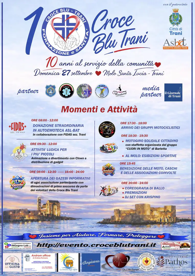 Domenica 27 Settembre 2026, Croce Blu Trani - Formazione e Sanità - Organizzazione di Volontariato festeggia dieci anni di attività con una giornata aperta alla cittadinanza al Molo Santa Lucia a Trani.