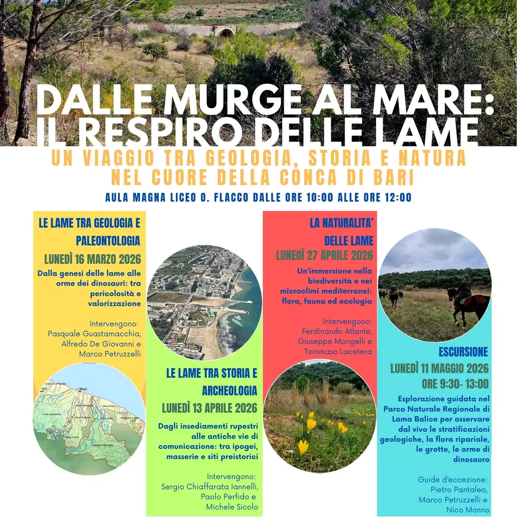 L’Associazione Lame Nove – Una rete per il Parco dall’Adriatico alle Murge in collaborazione con il Liceo Classico Statale “Q. Orazio Flacco” di Bari offre l’opportunità a studentesse e studenti di riscoprire il patrimonio inestimabile delle Lame attraverso un ciclo di incontri e un'escursione finale (dal 16 Marzo all'11 Maggio 2026), per costruire insieme una nuova consapevolezza ambientale.