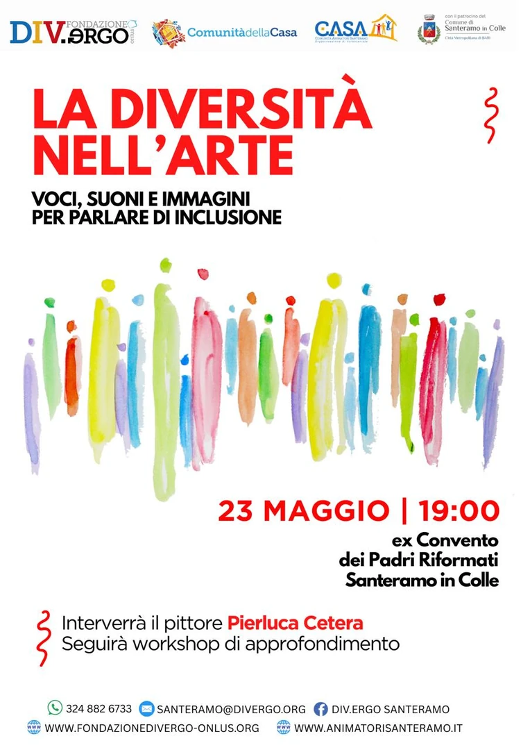 Venerdì 23 Maggio 2025 alle 19:00, Associazione C.A.SA. Comunità Animatori Santeramo OdV e Fondazione Div.ergo - Onlus organizzano il ciclo di incontri “La diversità nell’Arte. Voci, suoni e immagini per parlare di inclusione”, presso l’ex Convento dei Padri riformati a Santeramo in Colle. Ingresso libero.