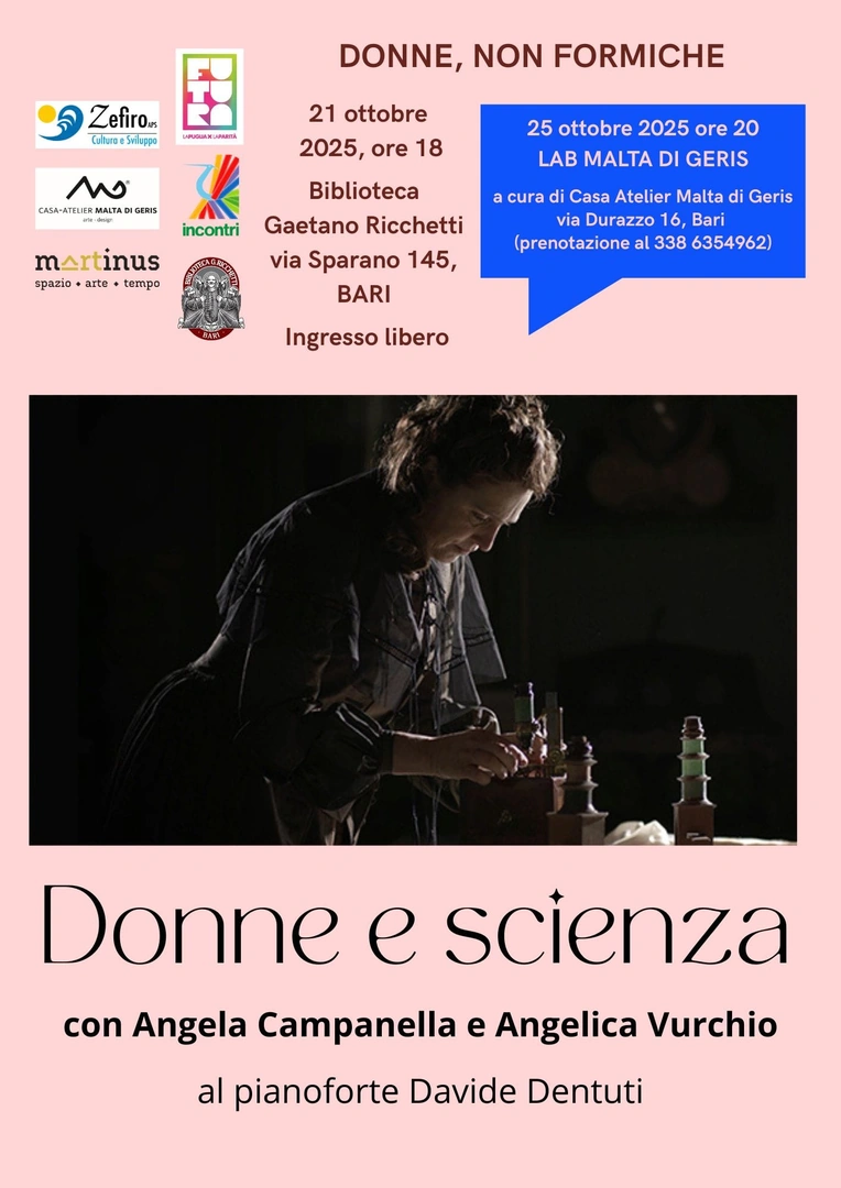 Martedì 21 Ottobre 2025 alle 18:00, Zefiro APS, in partenariato con APS Martinus e APS Incontri, per la rassegna di eventi culturali “Donne, non formiche”, propone l'evento “Donne e scienza”, un percorso tra storia e cinema, presso la Biblioteca Gaetano Ricchetti, in via Sparano 145 a Bari. Ingresso libero e gratuito fino a esaurimento posti.
