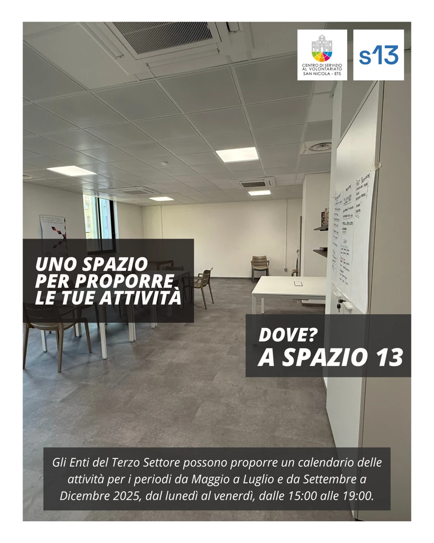 Il Centro di Servizio al Volontariato San Nicola ETS offre agli Enti del Terzo Settore la possibilità di proporre attività, incontri, eventi, campagne di sensibilizzazione, laboratori e altre iniziative utili alla comunità, da tenere gratuitamente nella Sala didattica di Spazio 13, in via Colonnello De Cristoforis 8 a Bari.
