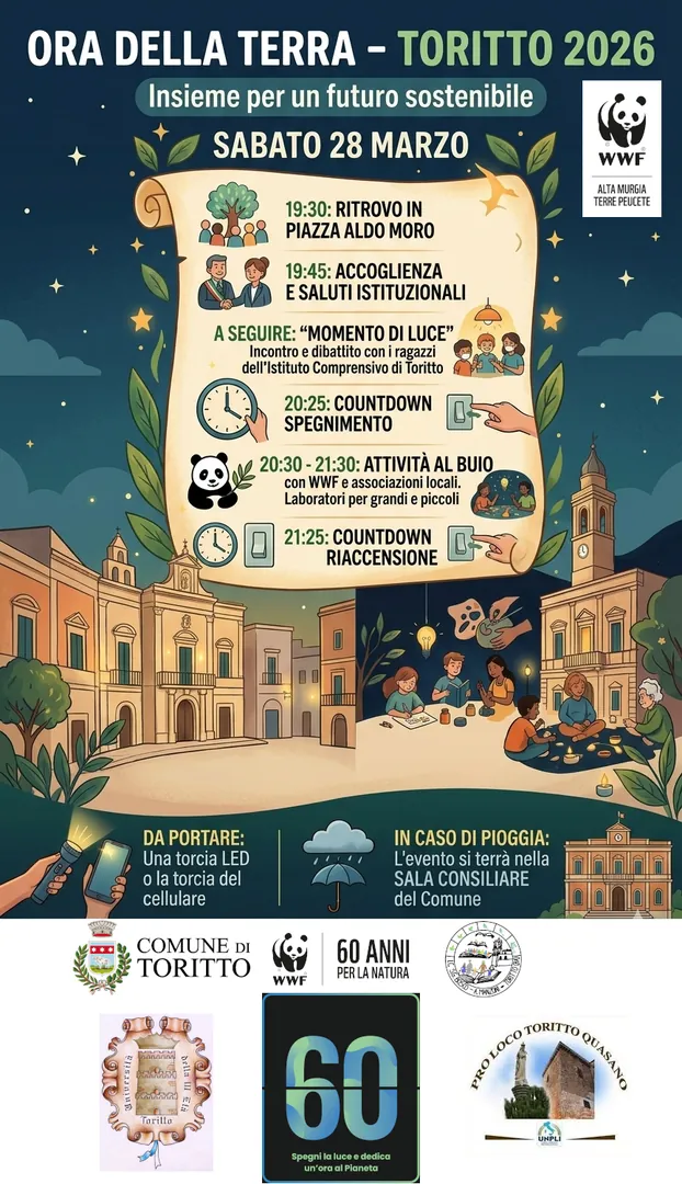 Sabato 28 Marzo 2026 alle 19:30, WWF Alta Murgia - Terre Peucete porta Earth Hour a Toritto, manifestazione globale organizzata dal WWF Internazionale dedicata alla lotta contro il cambiamento climatico con lo spegnimento simbolico delle luci per un'ora. Porta una torcia con te.