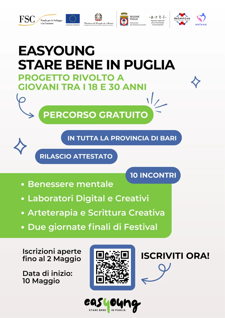APS Univox ETS promuove il progetto “Easyoung - Stare bene in Puglia” rivolto a giovani dai 18 ai 30 anni per formarli alla promozione e alla comunicazione del benessere nelle proprie comunità.