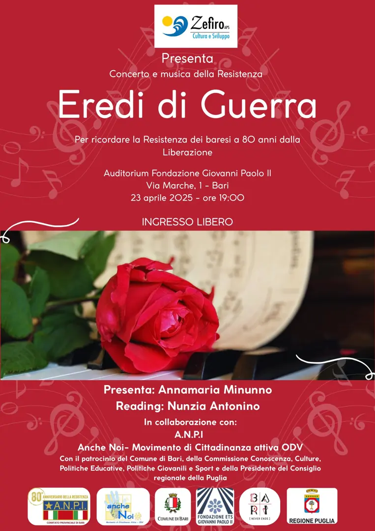 Mercoledì 23 Aprile 2025 alle 19:00, l’attrice Nunzia Antonino leggerà passi tratti dalle storie dei resistenti baresi raccolte nel volume “Eredi di guerra” a cura di Francesco Minervini (Stilo Editrice, Bari 2022), ovvero di quanti seppero dire il loro ‘no’ al fascismo, obbedendo alle logiche del bene e della coscienza.