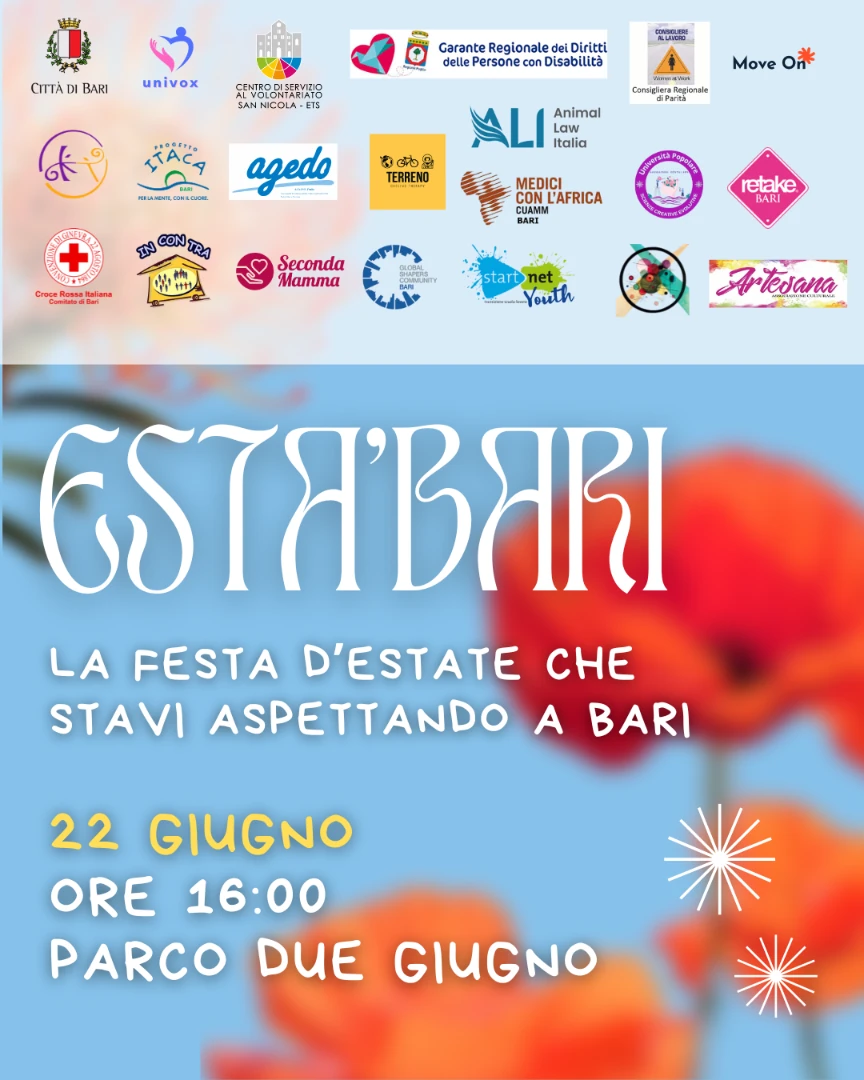 Domenica 22 Giugno 2025 dalle 16:00 alle 21:00, APS Univox ETS organizza “Esta'Bari” per festeggiare l'inizio dell'Estate e per inaugurare il progetto “Emphilia”, che quest'anno compie il terzo anno di attività, presso il Parco 2 Giugno di Bari. Con il patrocinio del Comune di Bari e del Municipio 2.