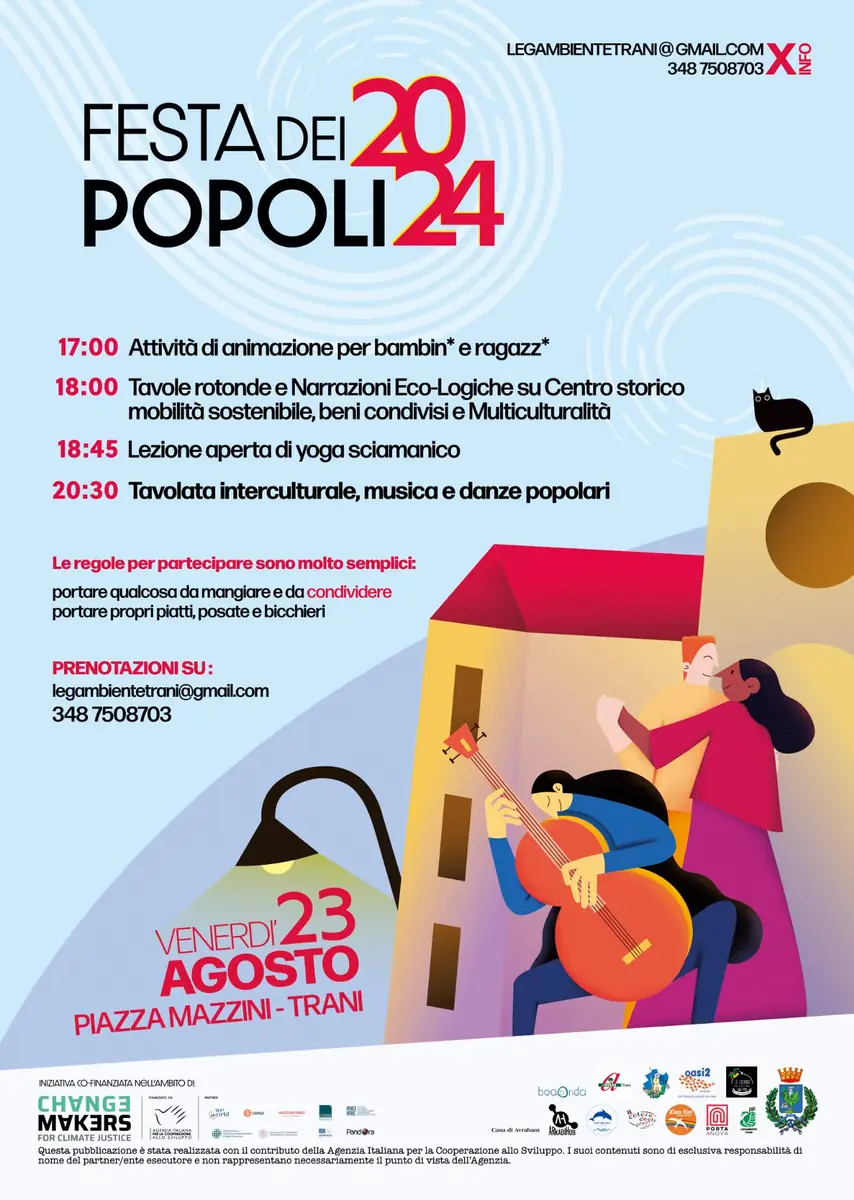 Venerdì 23 Agosto 2024 a partire dalle ore 17:00, in piazza Mazzini a Trani, una fitta rete di associazioni locali, in collaborazione con il Comune di Trani, organizza la Festa dei Popoli 2024.