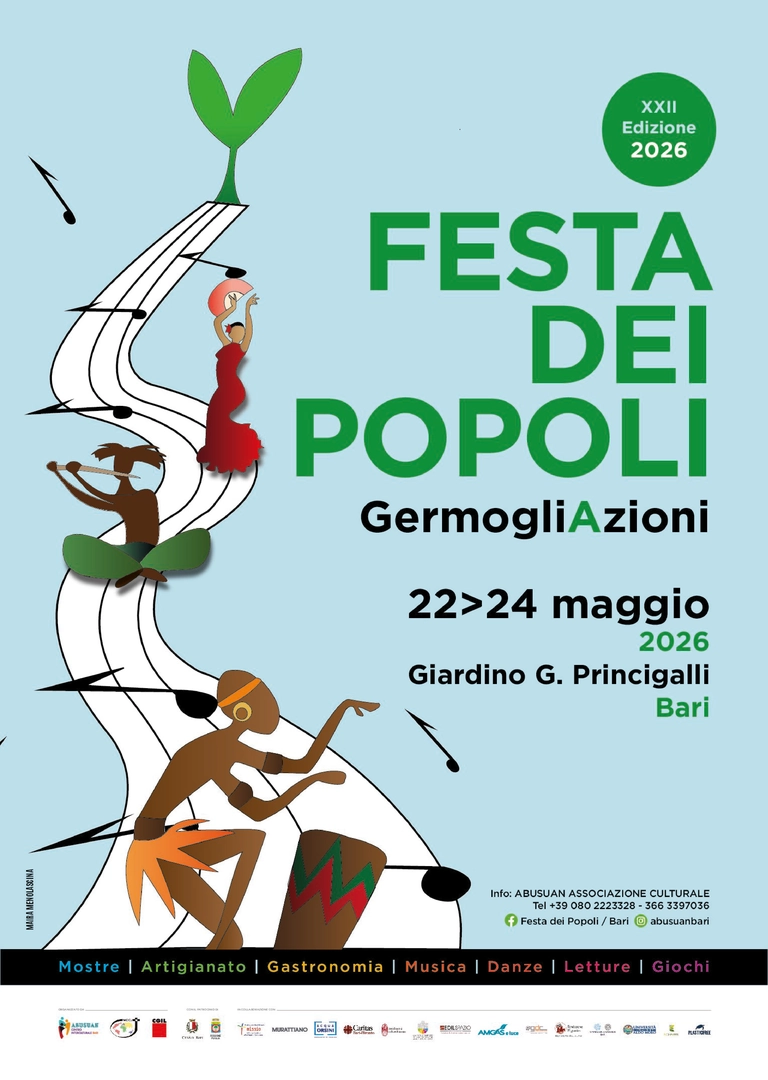 Da venerdì 22 a domenica 24 Maggio 2026, si tiene la 22ª edizione della Festa dei Popoli, nel Giardino Princigalli, in via Ignazio Lojacono 3 a Bari. Il team del Centro di Servizio al Volontariato San Nicola ETS sarà presente per tutta la durata del Festival con uno stand dove offrirà consulenze, informazioni sul Servizio Civile Universale e promuoverà le prossime iniziative, oltre ad attività e servizi ordinari.