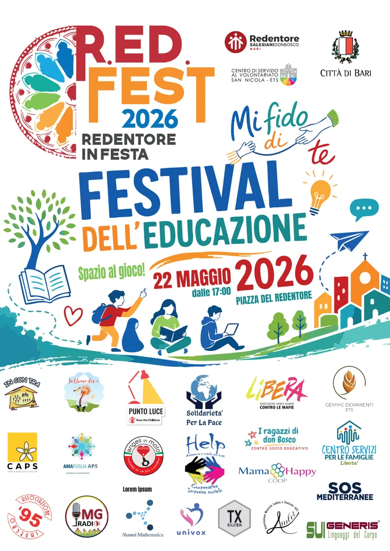 Tra gli appuntamenti previsti, venerdì 22 Maggio alle 17:00, il Centro di Servizio al Volontariato San Nicola ETS cura il Festival dell’Educazione, in piazza del Redentore, con le scuole e le associazioni del territorio che daranno vita a laboratori ed esperienze ludiche e educative per ragazze, ragazzi e famiglie, all’insegna del tema “Spazio al gioco!”, per riscoprirlo come strumento privilegiato di relazione, apprendimento e crescita. Un’occasione concreta per rimettere al centro l’educazione come responsabilità condivisa.