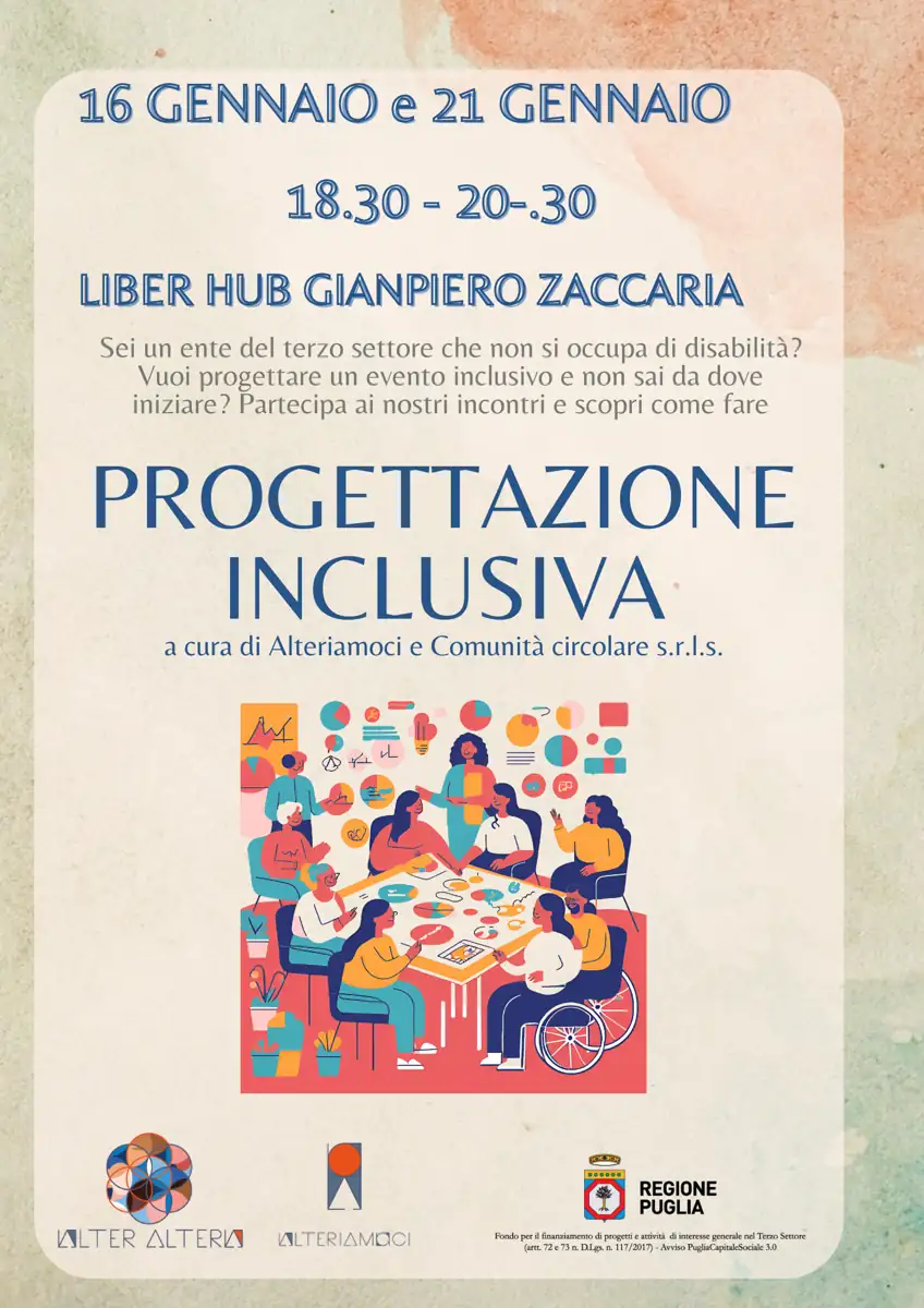 Giovedì 16 Gennaio 2025 alle 18:30, l'associazione Alteriamoci avvia la seconda parte degli “Incontri di formazione sull’inclusione e l’inserimento sociale e lavorativo delle persone con disabilità”, presso il Liber Hub in viale Martiri 1799 n° 1 ad Altamura. Sono invitati a partecipare Enti del Terzo settore che non hanno quale focus unico o principale la disabilità e singole persone interessate alle tematiche trattate.