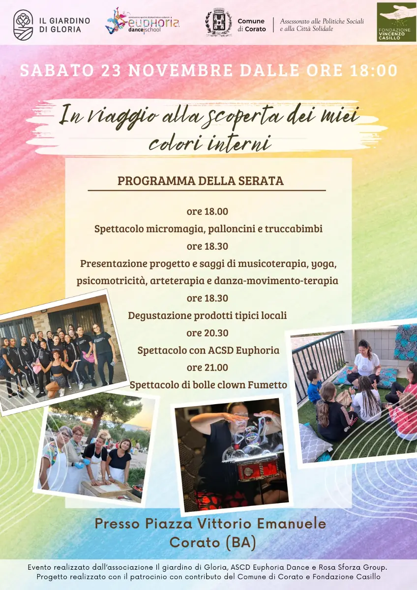 Sabato 23 Novembre 2024 alle 18:00, Il giardino di Gloria – OdV incontra la cittadinanza durante l’evento conclusivo del progetto “In viaggio alla scoperta dei miei colori interni”, in piazza Vittorio Emanuele a Corato. Con il patrocinato del Comune di Corato e finanziato anche da Fondazione Casillo.