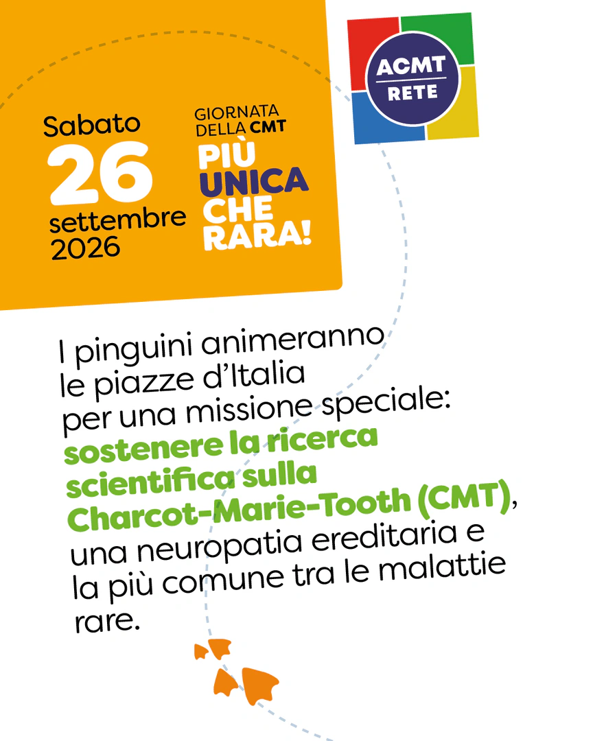 Sabato 26 Settembre 2026, ACMT rete per la Charcot-Marie-Tooth – OdV, in collaborazione con Associazione Culturale Antiquariato Onlus e AMA Puglia ETS, organizza anche a Bari l’iniziativa nazionale “Giornata della CMT”, in piazza Giuseppe Massari, per sensibilizzare la cittadinanza sulla malattia rara del sistema nervoso periferico