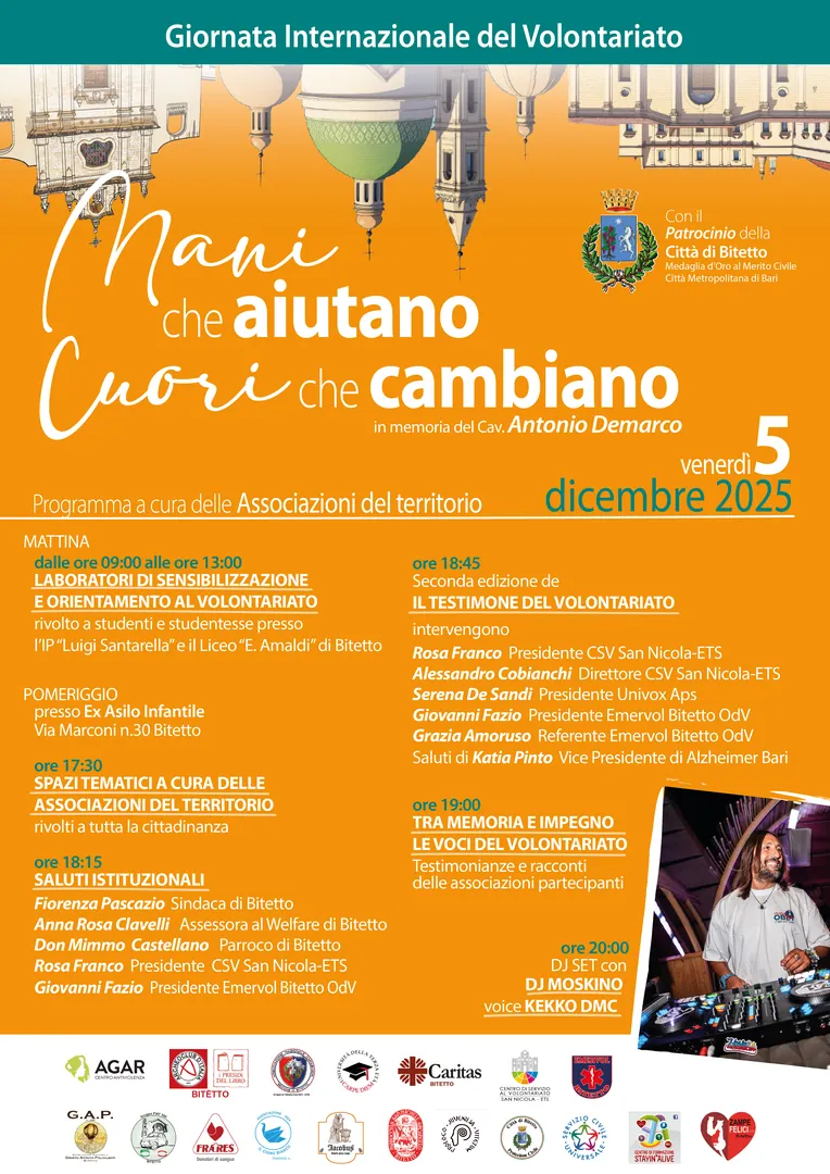 Giovedì 5 Dicembre 2025 dalle 17:30, in occasione della Giornata internazionale del Volontariato, l'Associazione Pubblica Assistenza Emervol Bitetto emergenza radio volontari OdV organizza a Bitetto una manifestazione dedicata alla memoria del Cav. Antonio Demarco, storico presidente dell'associazione, simbolo dell’impegno civico nella città di Bitetto.