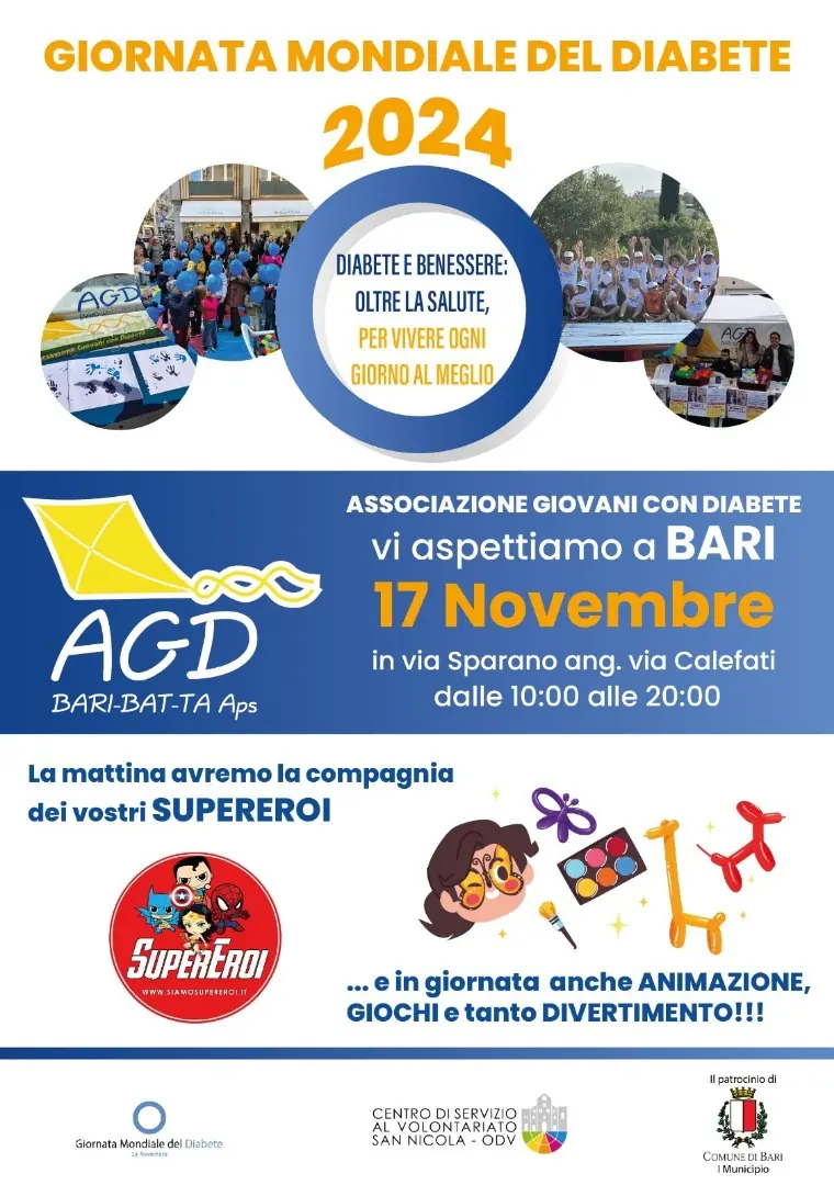 Domenica 17 Novembre 2024, l’Associazione Giovani con Diabete Bari - Bat - Taranto APS ETS, in collaborazione con l’U.O. Malattie Metaboliche e Diabetologia dell’Ospedale Pediatrico Giovanni XXIII di Bari, organizza una giornata di sensibilizzazione sul Diabete di Tipo 1, in occasione della Giornata Mondiale del Diabete.