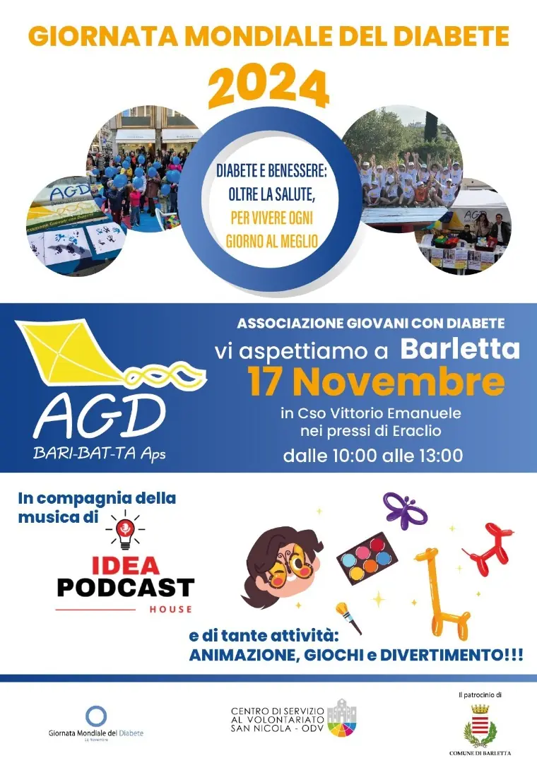 Domenica 17 Novembre 2024, l’Associazione Giovani con Diabete Bari - Bat - Taranto APS ETS, in collaborazione con l’U.O. Malattie Metaboliche e Diabetologia dell’Ospedale Pediatrico Giovanni XXIII di Bari, organizza una giornata di sensibilizzazione sul Diabete di Tipo 1, in occasione della Giornata Mondiale del Diabete.