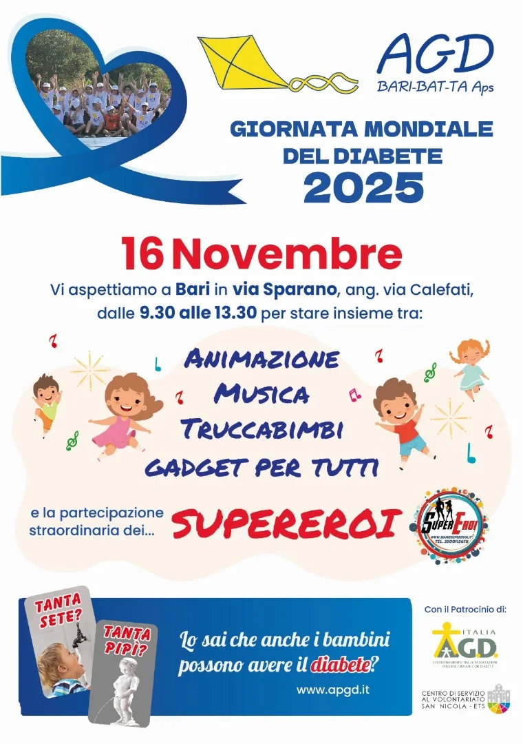 Domenica 16 Novembre 2025 alle 9:30, l'Associazione Giovani con Diabete Bari - Bat - Taranto APS ETS invita la cittadinanza all'evento benefico “Giornata Mondiale del Diabete 2025”, in via Sparano angolo via Calefati a Bari.