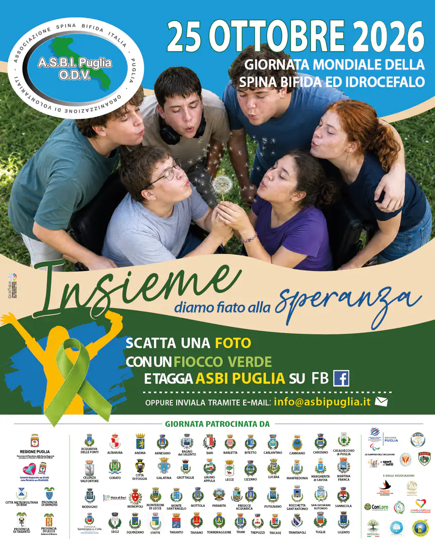 Domenica 25 Ottobre 2026, in occasione della Giornata Mondiale della Spina Bifida e Idrocefalo, ASBI Puglia OdV promuove in tutta la regione una campagna di sensibilizzazione per portare al centro dell'attenzione pubblica le condizioni e le esigenze delle persone con disabilità