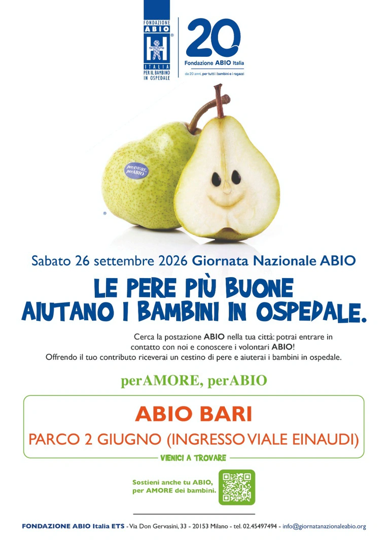 Sabato 26 Settembre 2026, Abio Bari OdV organizza a Bari la 22ª edizione della “Giornata Nazionale perAmore, perABIO” al Parco 2 Giugno, con ingresso da viale Luigi Einaudi.