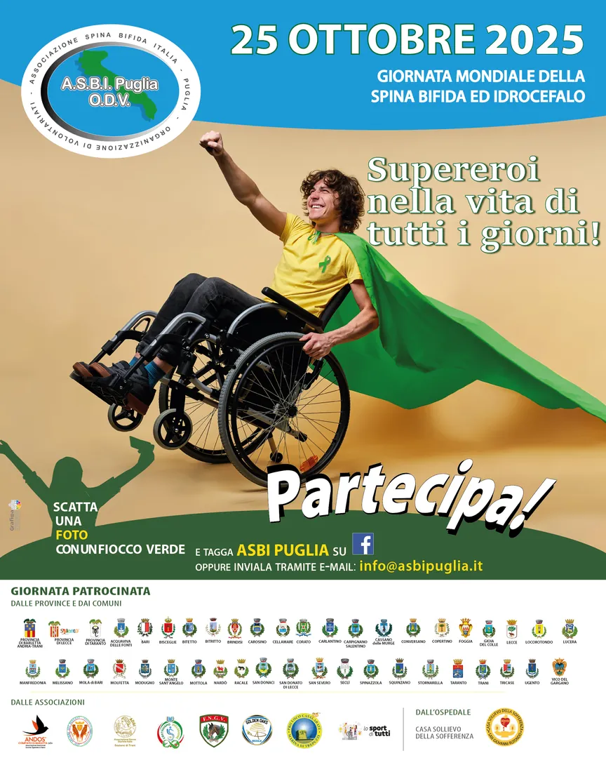 Sabato 25 Ottobre 2025, ASBI Puglia - OdV (Associazione Spina Bifida Italia Puglia - OdV) promuove la “Giornata mondiale della spina bifida e idrocefalo”.