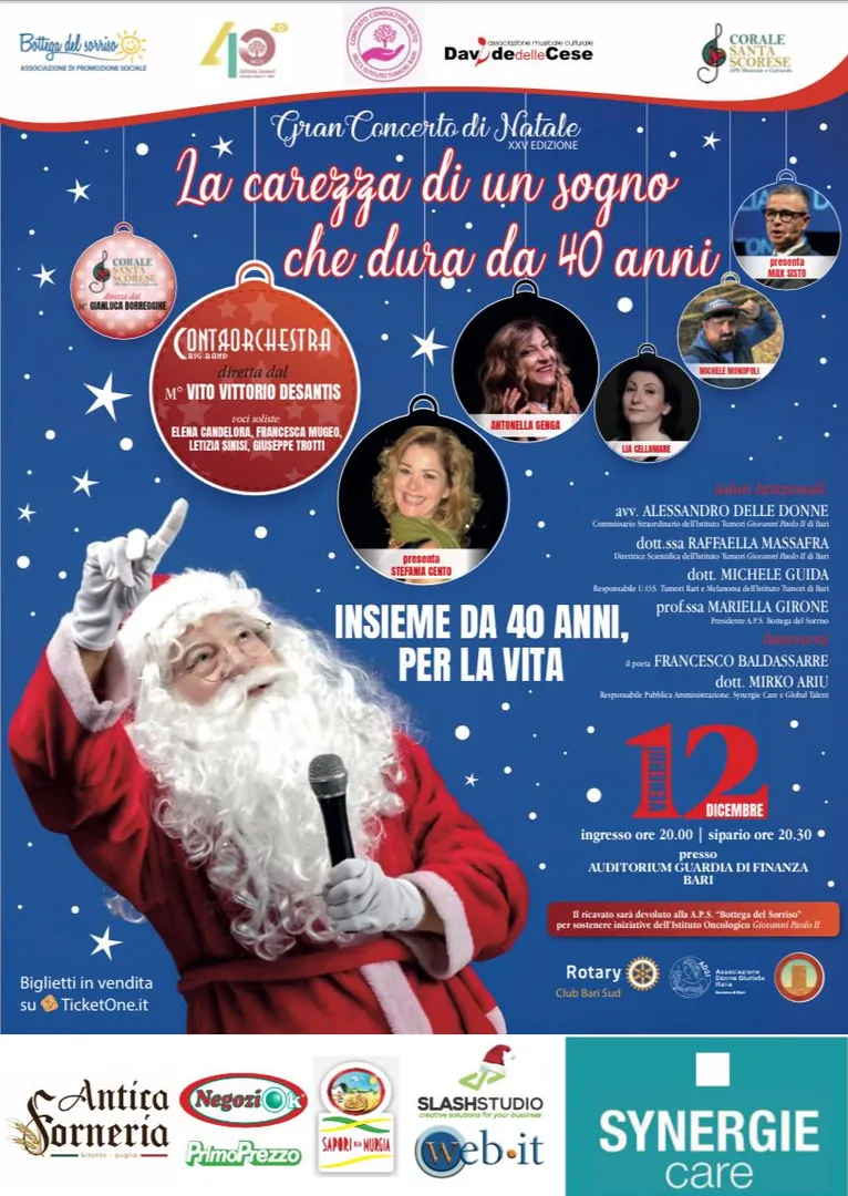 Venerdì 12 Dicembre alle 20:00, Bottega del Sorriso - APS promuove il Gran Concerto di Natale – “La carezza di un sogno”, nell’Auditorium Guardia di Finanza di Bari.