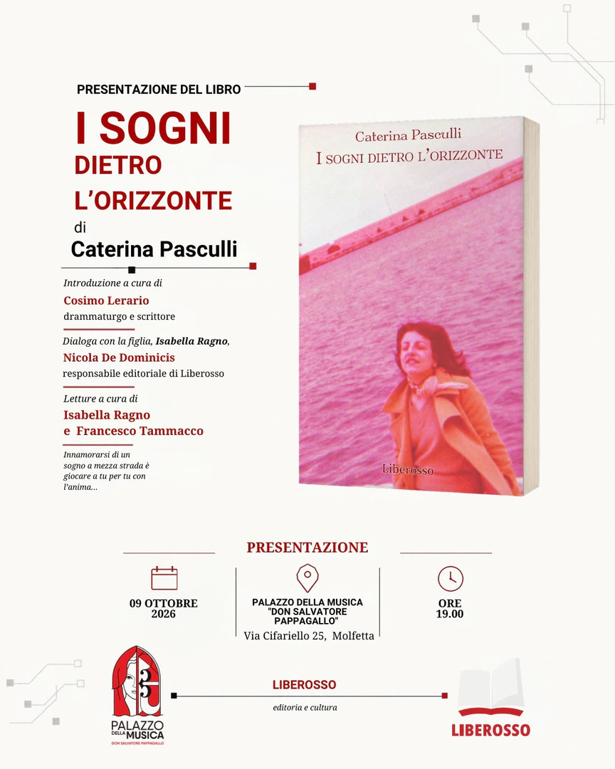 Venerdì 9 Ottobre 2026 alle 19:00, l’Associazione Liberosso ETS presenta il libro “I sogni dietro l’orizzonte” di Caterina Pasculli, presso il Palazzo della Musica “Don Salvatore Pappagallo”, in via Filippo Cifariello 25 a Molfetta.