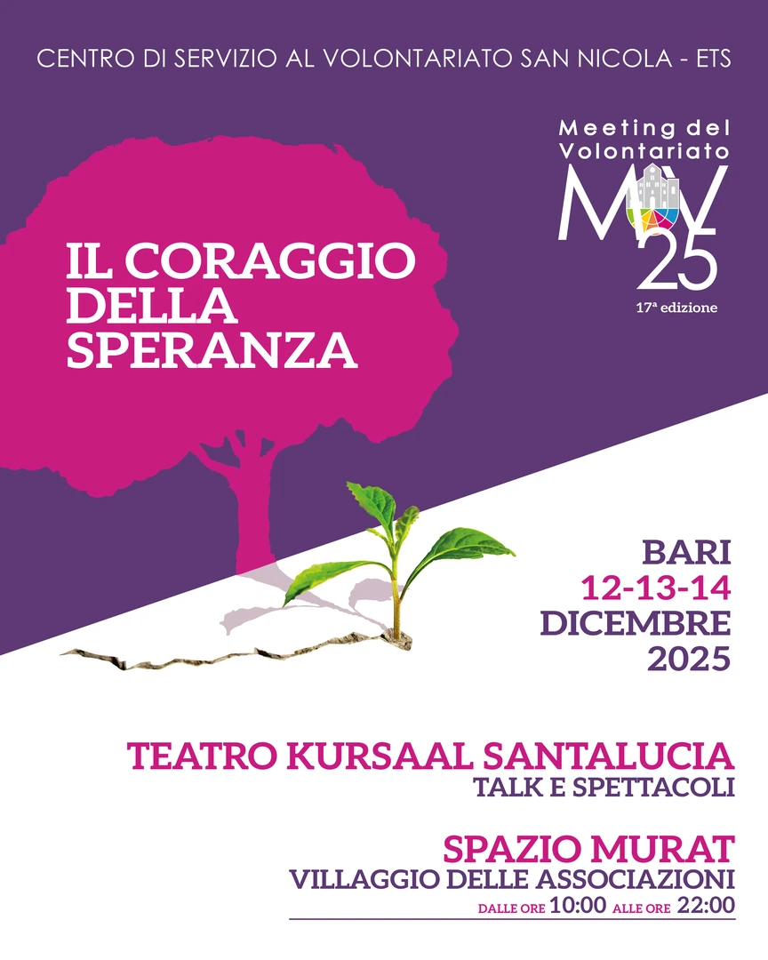 Il Meeting del Volontariato si terrà a Bari nelle giornate del 12, 13 e 14 Dicembre 2025, con tante novità, a partire dai luoghi che accoglieranno associazioni, volontari, istituzioni, scrittori, artisti e molto altro. Sarà il teatro Kursaal Santalucia, infatti, a ospitare quest’anno incontri, dibattiti, dialoghi e confronti. Contestualmente, all’interno dello Spazio Murat in piazza del Ferrarese, circa 54 associazioni si alterneranno nelle 19 postazioni allestite per il tradizionale Villaggio del Volontariato