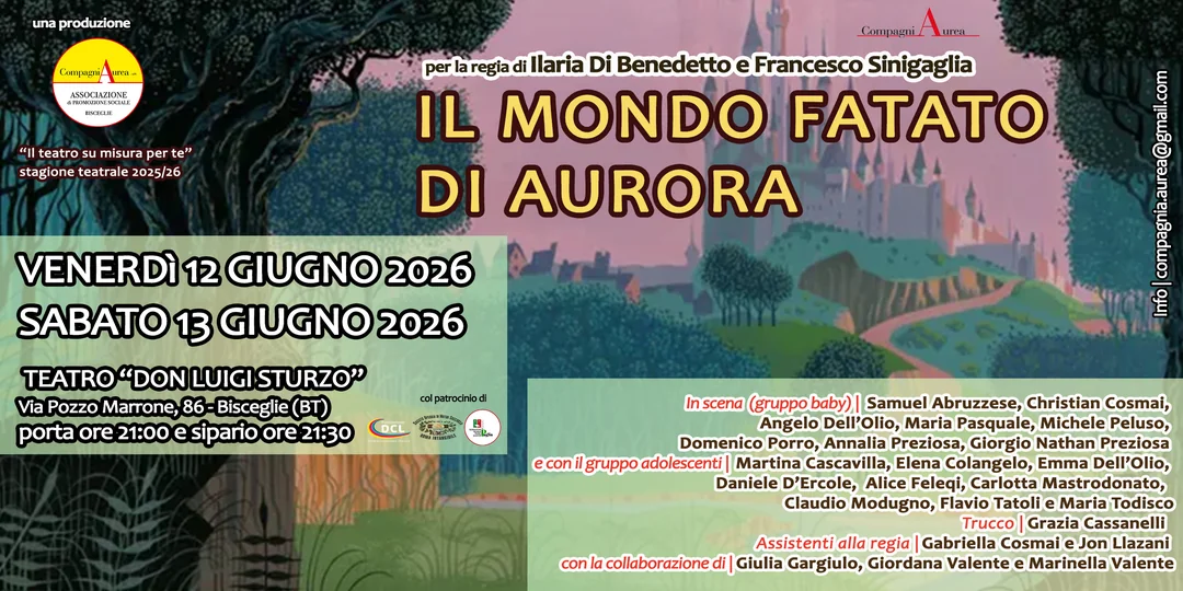 Dal 6 al 13 Giugno 2026, la Compagniaurea di Francesco Sinigaglia – APS propone gli ultimi due spettacoli della stagione teatrale 2025/2026 “Il teatro su misura per te” con protagonisti due diversi gruppi di attori e attrici, dai 6 ai 12 anni e dai 17 ai 99 anni, in scena presso il teatro “Don Luigi Sturzo”, in via Pozzo Marrone 86 a Bisceglie.