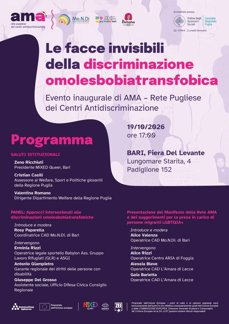 Lunedì 19 Ottobre 2026 alle 17:00, la Rete AMA – Rete Pugliese dei Centri Antidiscriminazione si presenta pubblicamente con l'evento inaugurale “Le facce invisibili della discriminazione omolesbotransfobica”, presso il Padiglione 152 della Fiera del Levante di Bari.