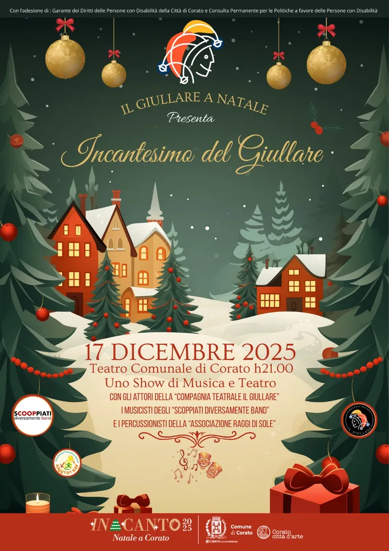 Mercoledì 17 Dicembre 2025 alle 20:00, Promozione Sociale e Solidarietà - Società Cooperativa Sociale a mutualità prevalente di produzione e lavoro organizza “Incantesimo del Giullare” nella splendida cornice del Teatro Comunale di Corato.